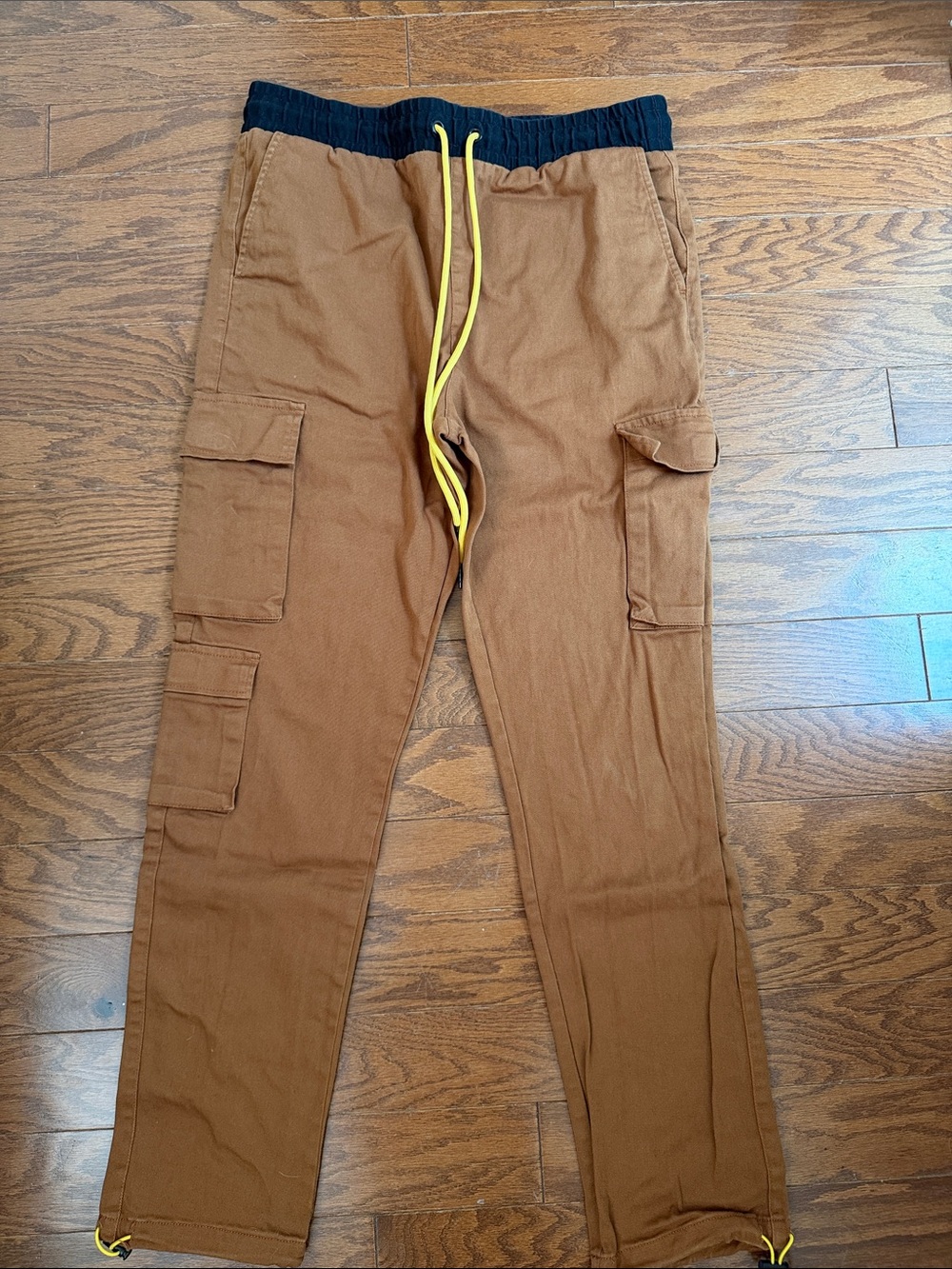 Young & Reckless Brown Cargo Joggers with Black Waistband and Yellow Drawcord